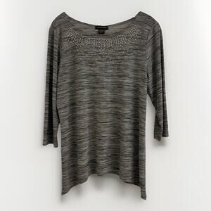 Susan Lawrence Women's L Tunic Top Gray Silver Studded Boat Neck 3/4 Sleeve